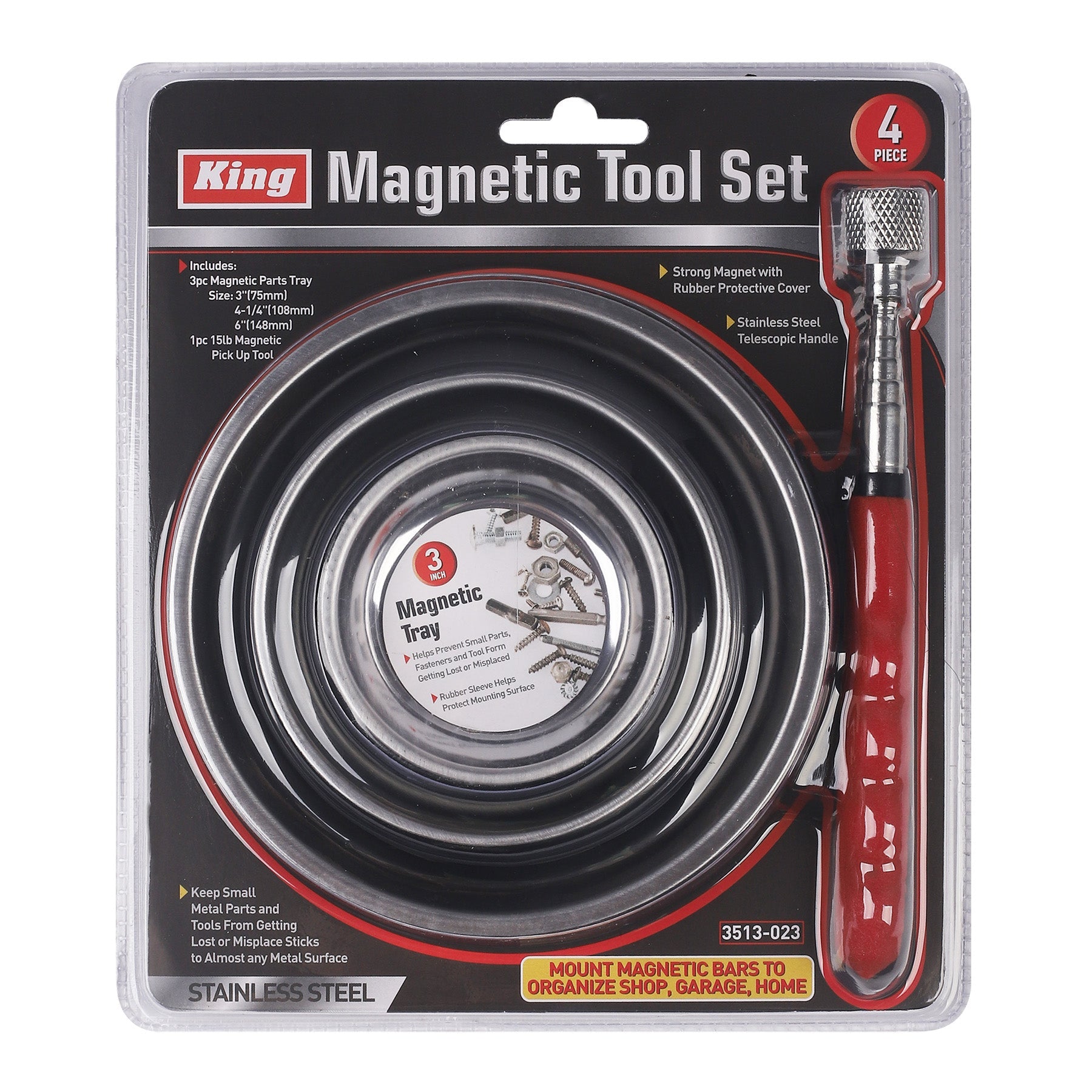 3513-0 - 4-PC MAGNETIC TRAY & TOOL SET, 3PC ROUND, 1PC 15 LBS PICK UP TOOL
